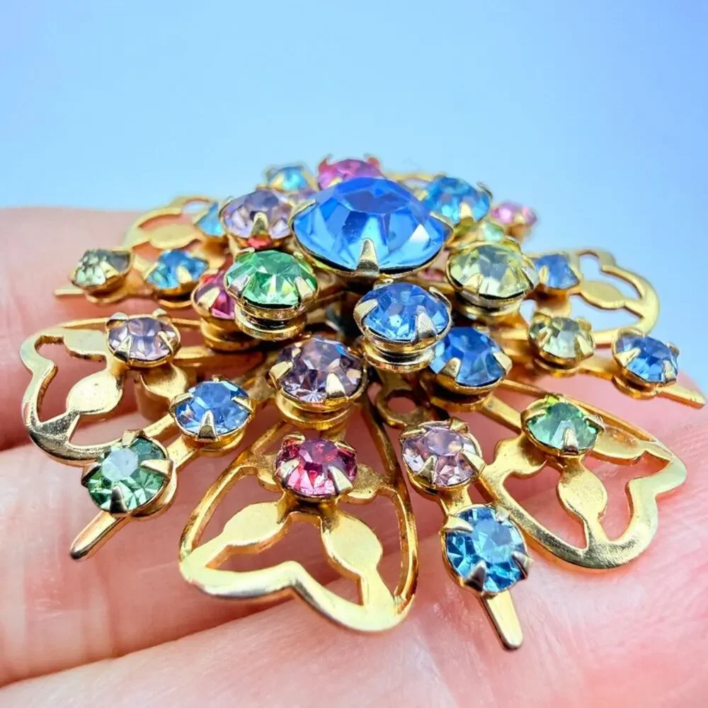 Vintage Pastel Rhinestone Flower Brooch Gold Tone Filigree Blue Pink Floral Pin